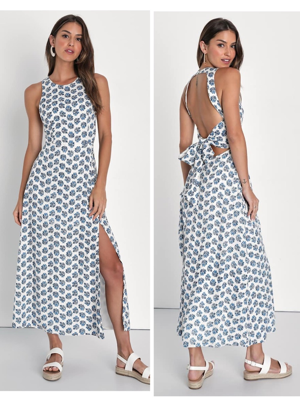 Lulus Flirty Fave Ivory Floral Print Tie-Back Midi Dress Size Large Sleeveless